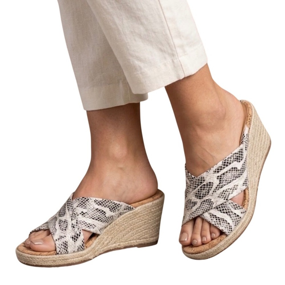 SoftWalk Snakeskin Print Espadrille Wedge Sandals Slides Black White Size 7.5